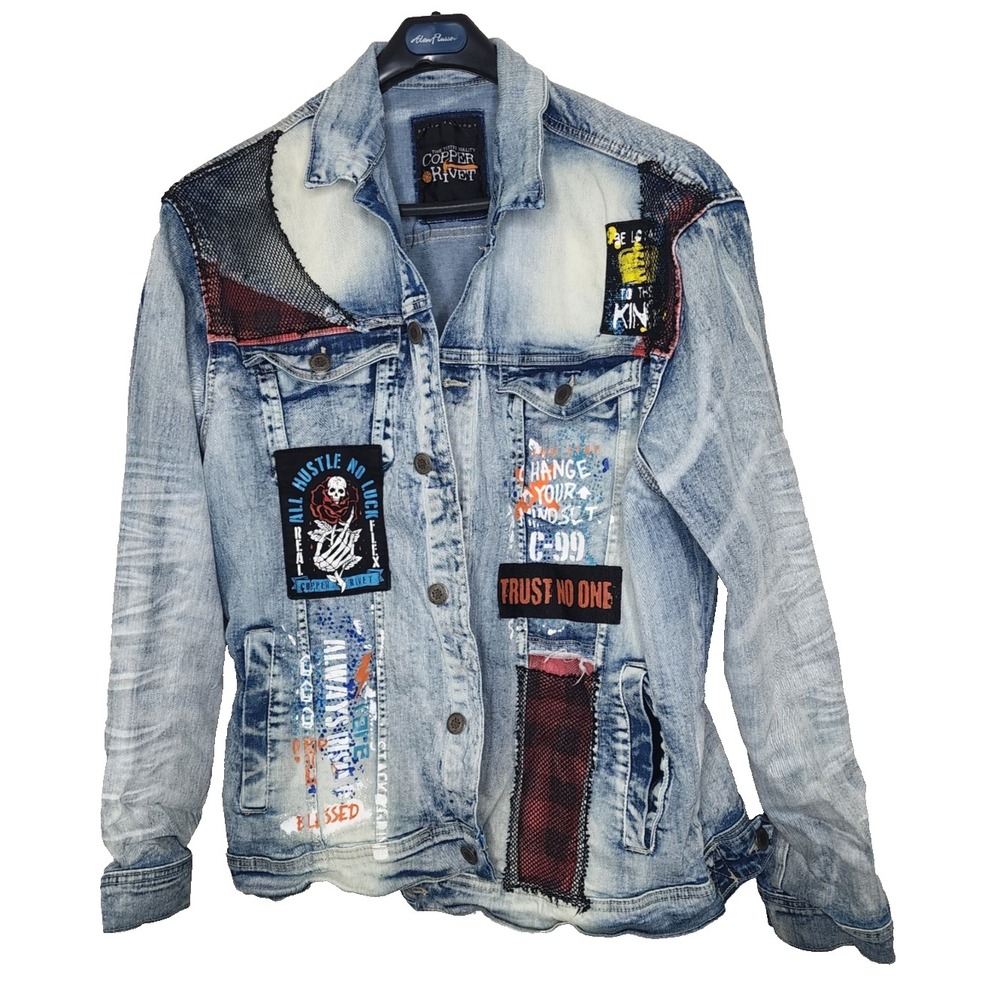 Copper Rivet Denim Punk Battle Jacket Patches  Sz 3XL Blue Jean Thrashed